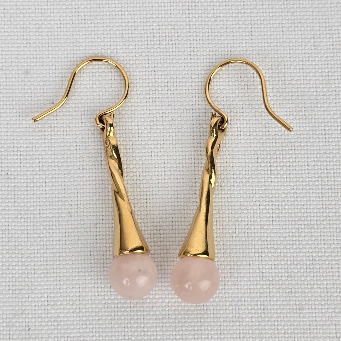 Vintage Gold Tone Rose Quartz Drop Pendant Necklace & Earrings Set