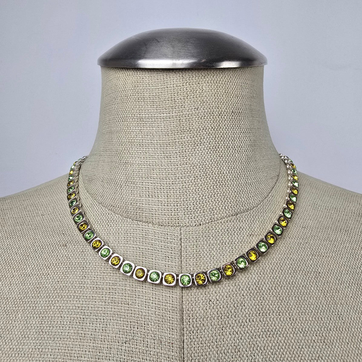 Dyrberg Kern Silver Tone Green & Yellow Rhinestone Collar Necklace