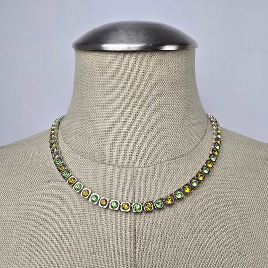 Dyrberg Kern Silver Tone Green & Yellow Rhinestone Collar Necklace