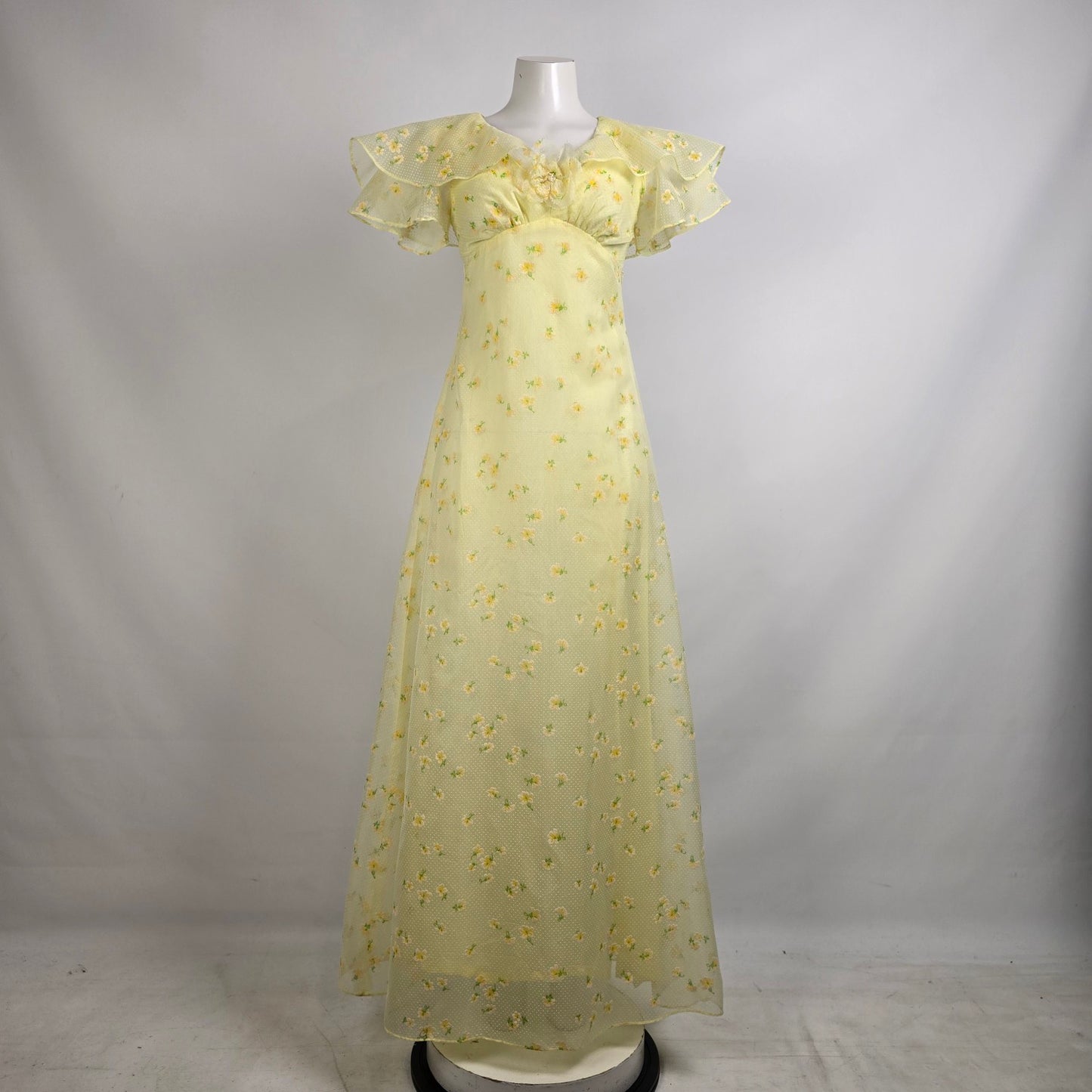 Vintage 70s Yellow Flutter Sleeve Maxi Dress Size S
