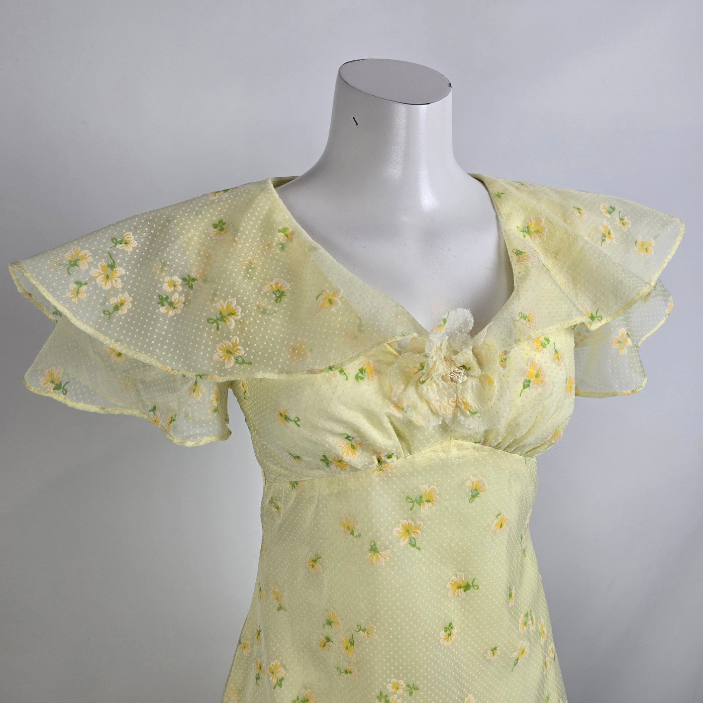 Vintage 70s Yellow Flutter Sleeve Maxi Dress Size S