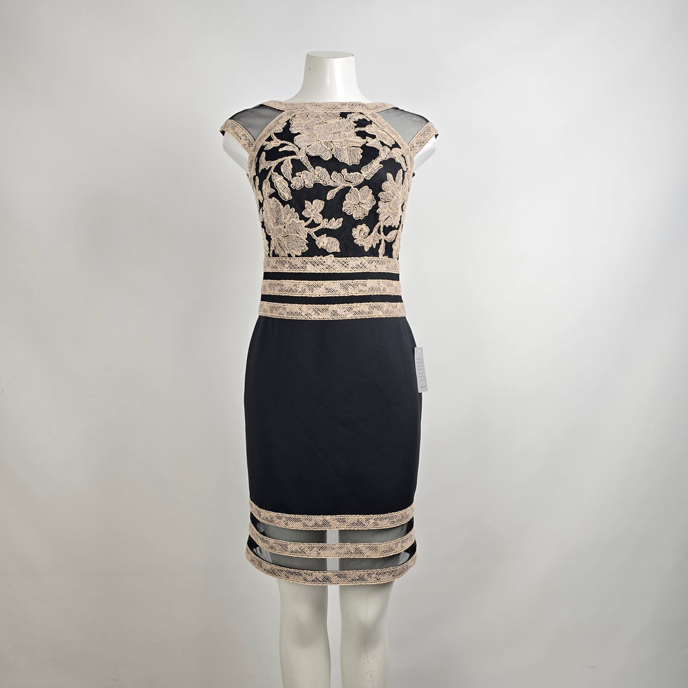 Tadashi Shoji Black & Cream Embroidered Scuba Sheath Dress Size 2
