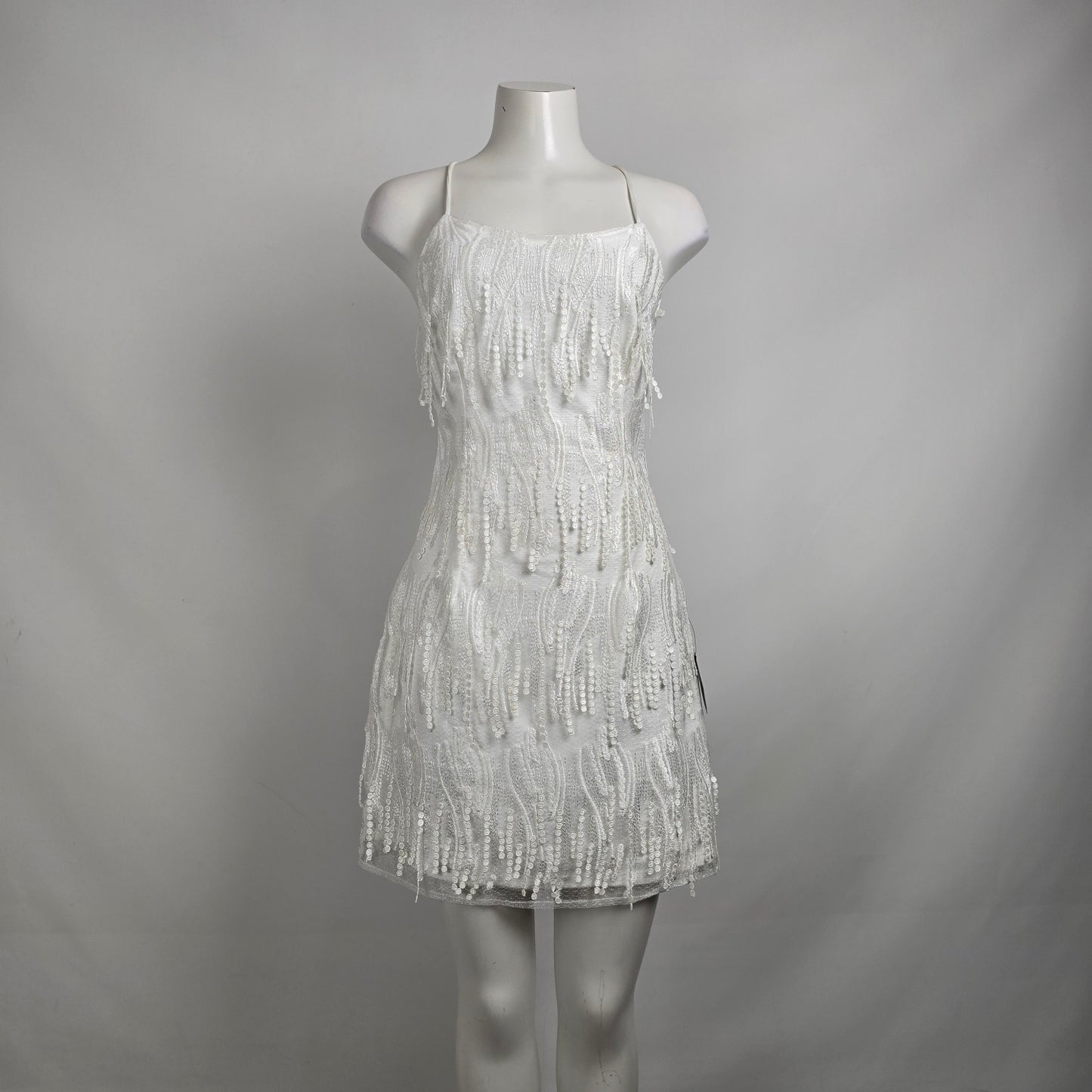 Lulus Making Magic White Fringe Lace-Up Back Mini Dress Size M/L