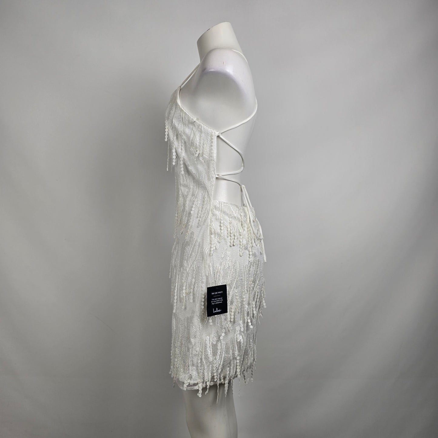 Lulus Making Magic White Fringe Lace-Up Back Mini Dress Size M/L