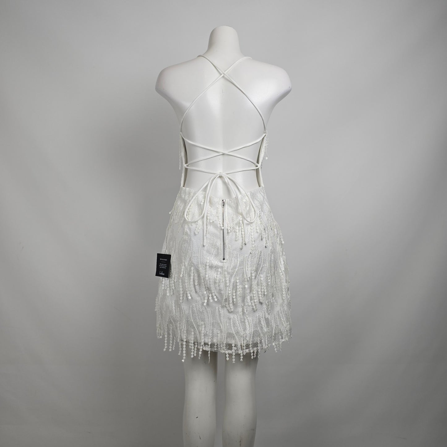 Lulus Making Magic White Fringe Lace-Up Back Mini Dress Size M/L