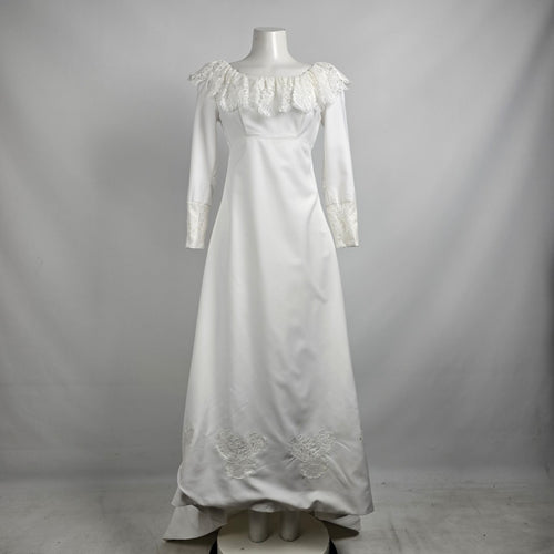 Vintage White Lace Detail Long Sleeve Wedding Dress Size XS/S