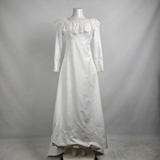 Vintage White Lace Detail Long Sleeve Wedding Dress Size XS/S