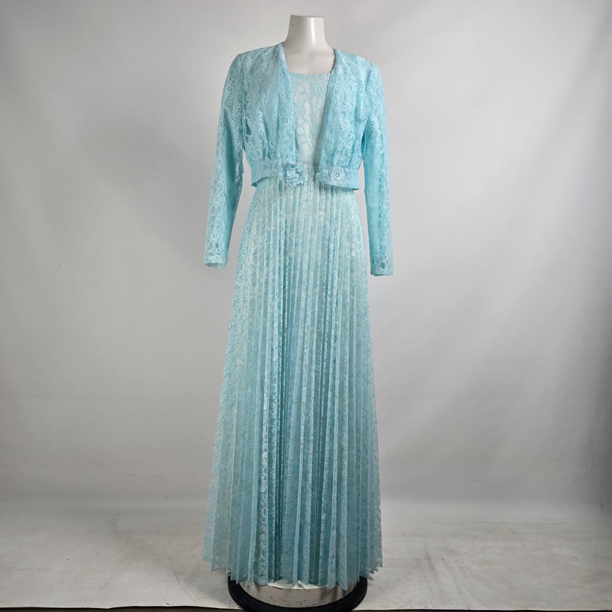 Vintage Blue Lace Pleated Maxi Dress & Cropped Lace Jacket Size M