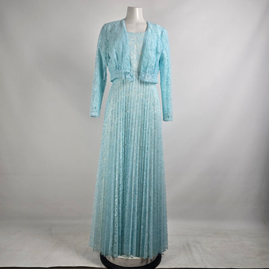 Vintage Blue Lace Pleated Maxi Dress & Cropped Lace Jacket Size M