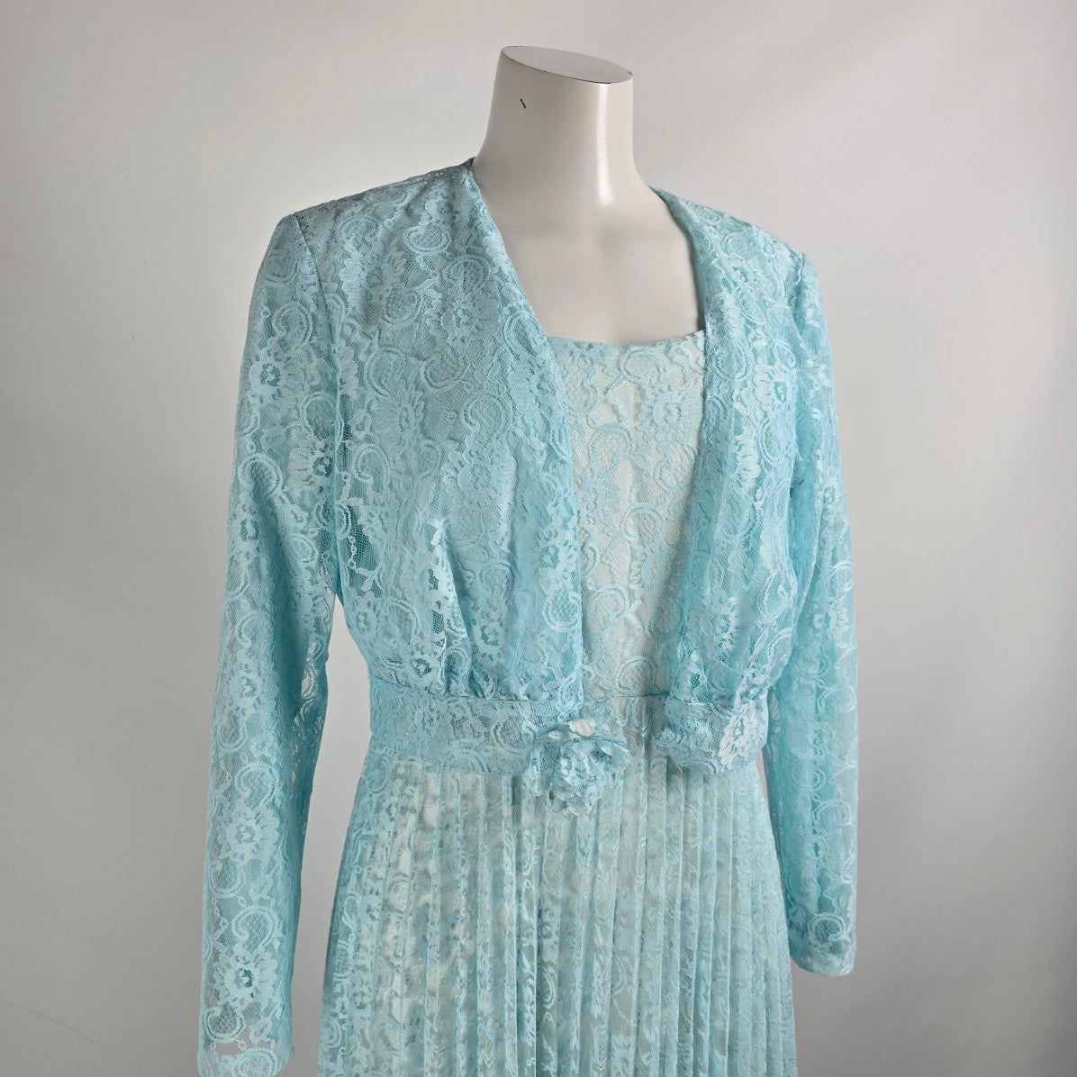 Vintage Blue Lace Pleated Maxi Dress & Cropped Lace Jacket Size M