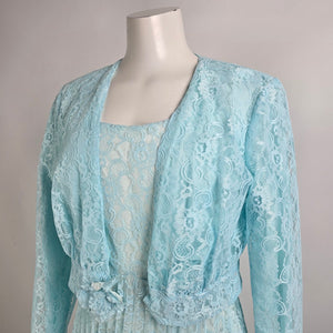 Vintage Blue Lace Pleated Maxi Dress & Cropped Lace Jacket Size M