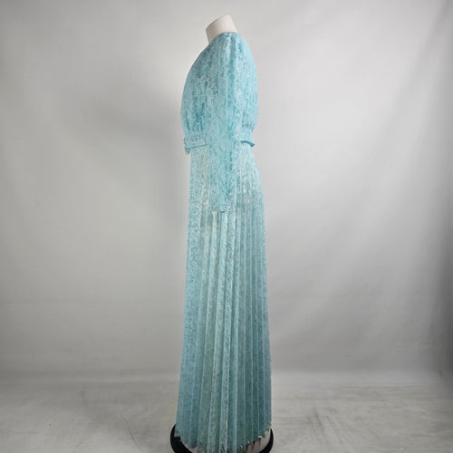 Vintage Blue Lace Pleated Maxi Dress & Cropped Lace Jacket Size M