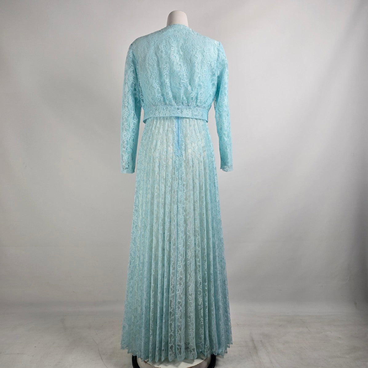 Vintage Blue Lace Pleated Maxi Dress & Cropped Lace Jacket Size M
