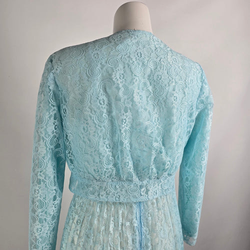 Vintage Blue Lace Pleated Maxi Dress & Cropped Lace Jacket Size M