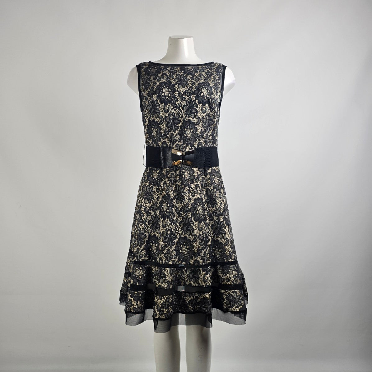Joseph Ribkoff Black & Nude Floral Belted Fit & Flare Dress Size 10