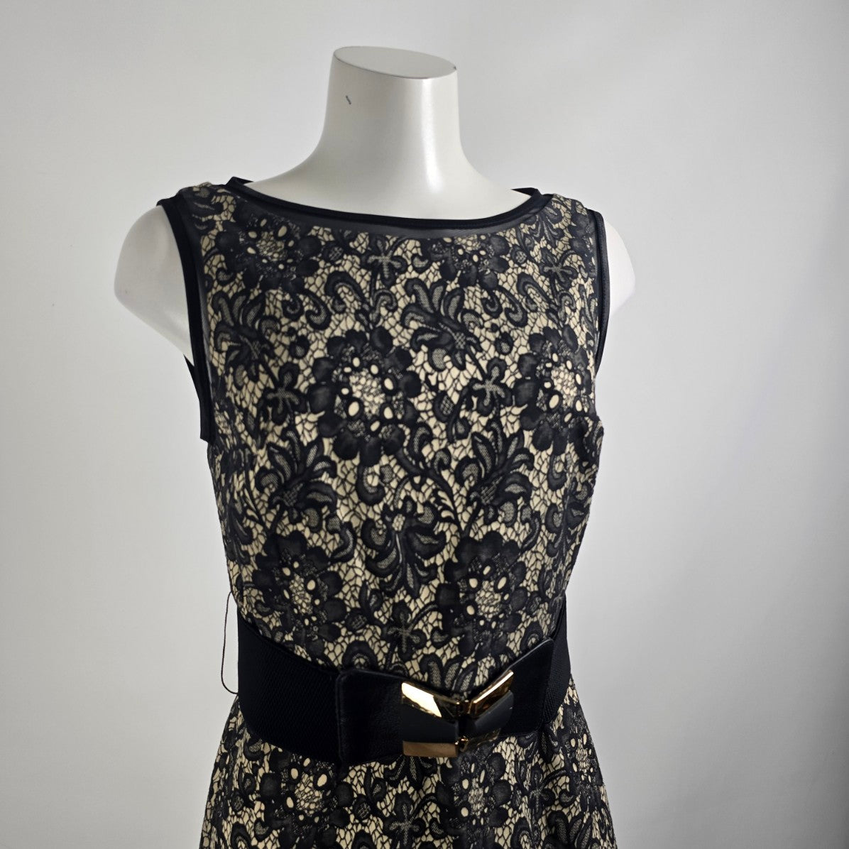 Joseph Ribkoff Black & Nude Floral Belted Fit & Flare Dress Size 10