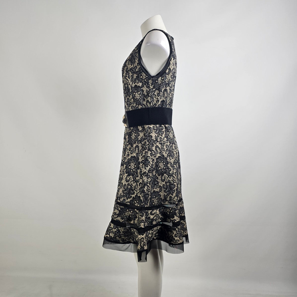 Joseph Ribkoff Black & Nude Floral Belted Fit & Flare Dress Size 10