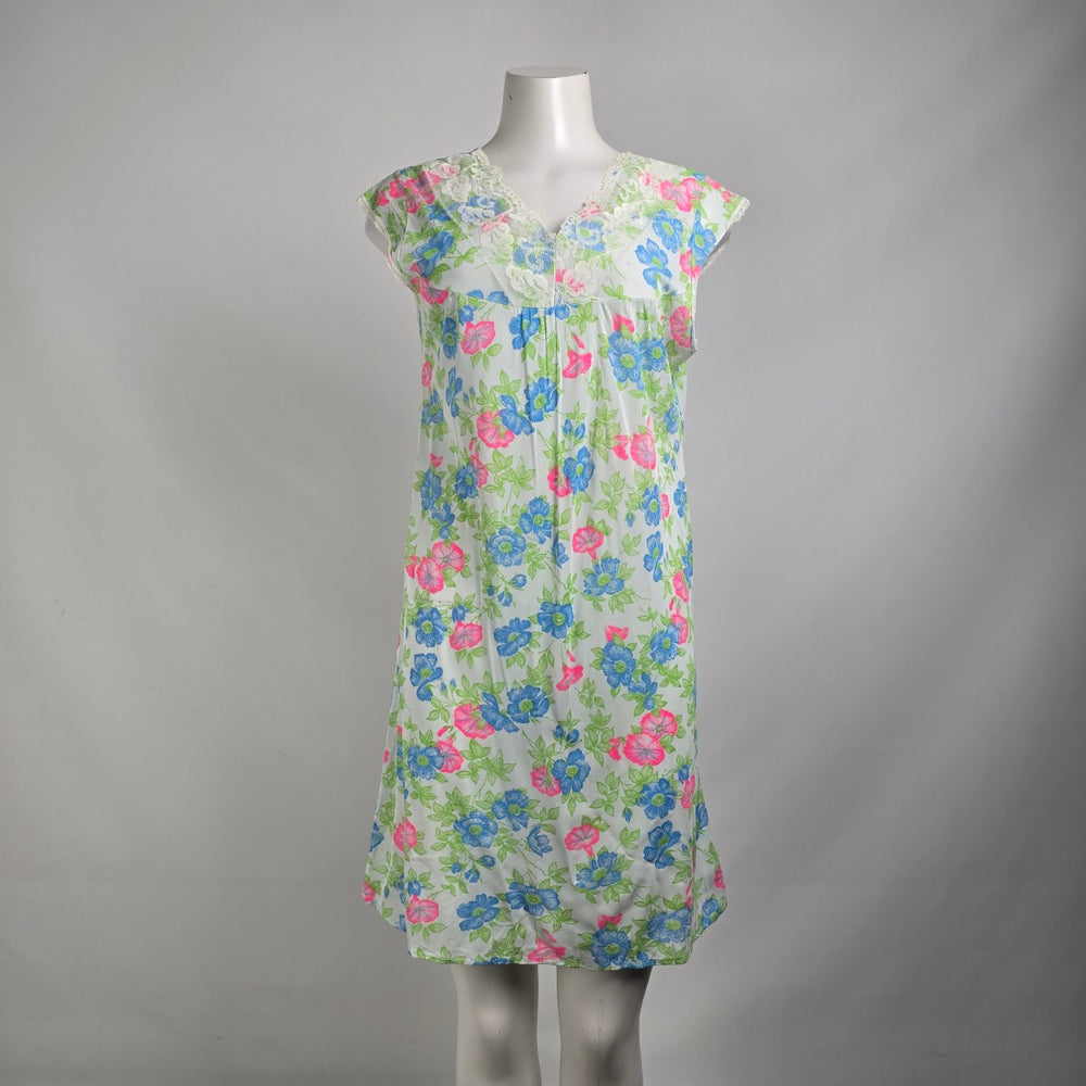Vintage Blue Floral Lace Trim Lingerie Night Gown Slip Dress Size M