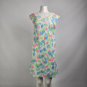 Vintage Blue Floral Lace Trim Lingerie Night Gown Slip Dress Size M