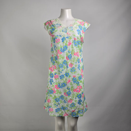 Vintage Blue Floral Lace Trim Lingerie Night Gown Slip Dress Size M