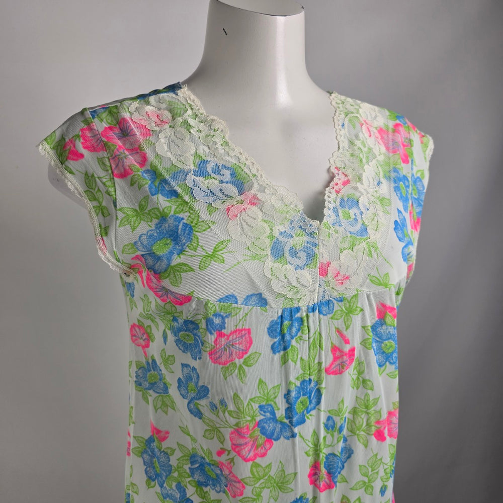 Vintage Blue Floral Lace Trim Lingerie Night Gown Slip Dress Size M