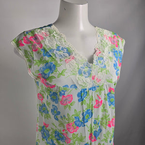 Vintage Blue Floral Lace Trim Lingerie Night Gown Slip Dress Size M