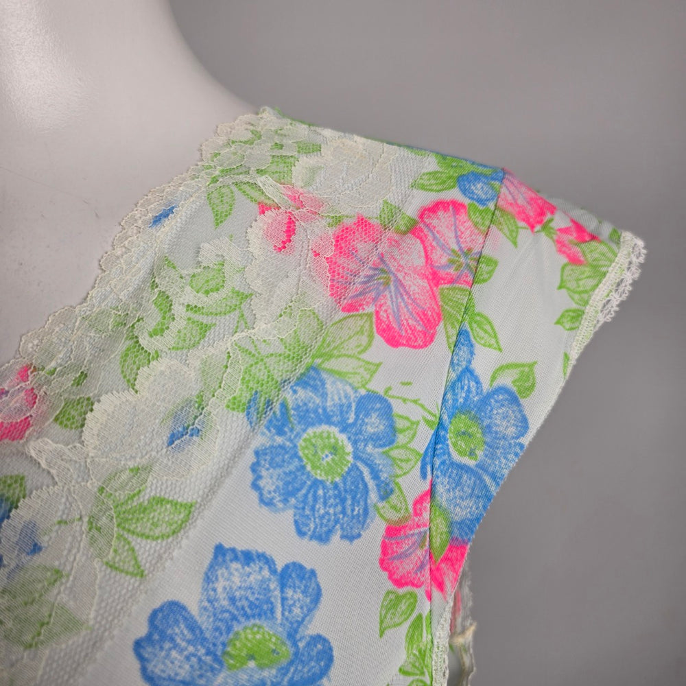 Vintage Blue Floral Lace Trim Lingerie Night Gown Slip Dress Size M