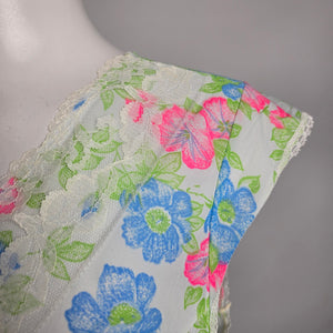 Vintage Blue Floral Lace Trim Lingerie Night Gown Slip Dress Size M