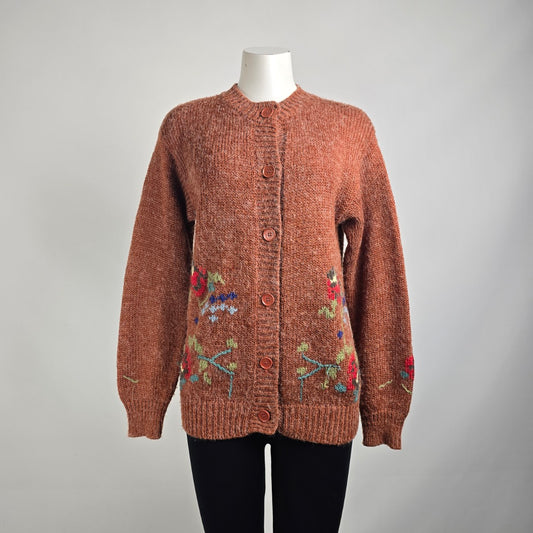 Vintage T42 Brown Floral Embroidered Button Up Cardigan Size 14