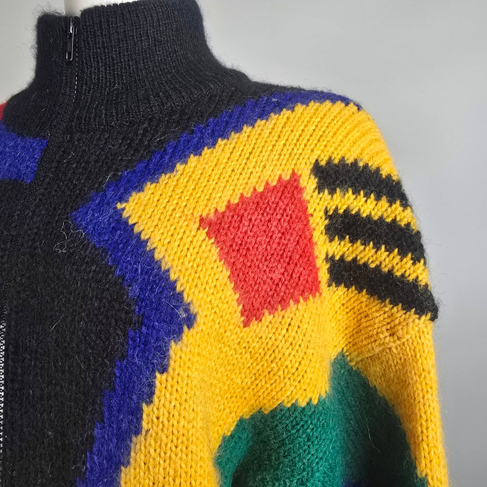 Vintage I.B Sport Bright Color Block Knit Mohair Zip Up Jacket Size S/M