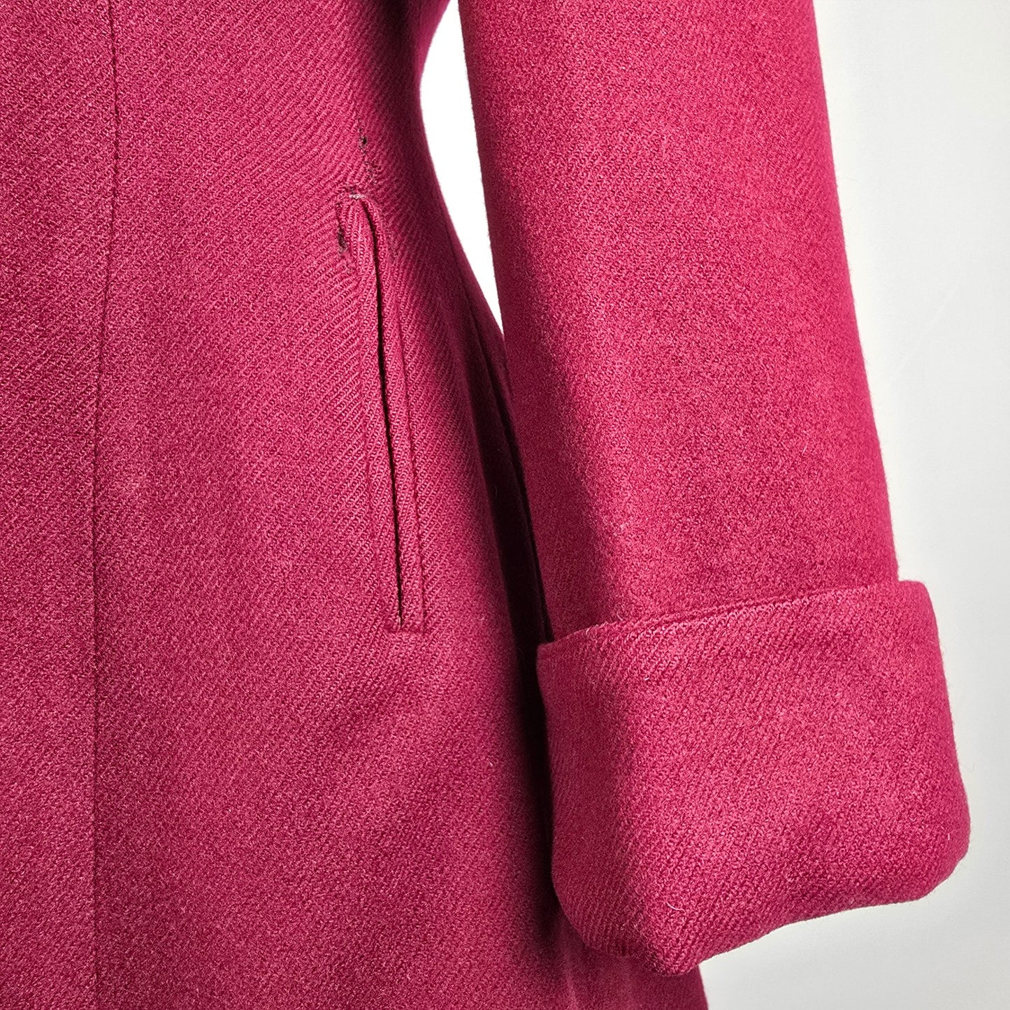 1940s Burgundy Wool Fur Trimmed Collar Button Up Coat Size S