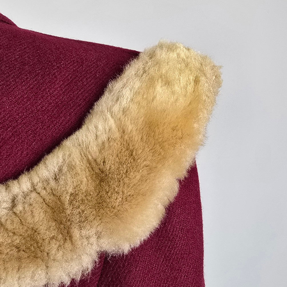 1940s Burgundy Wool Fur Trimmed Collar Button Up Coat Size S