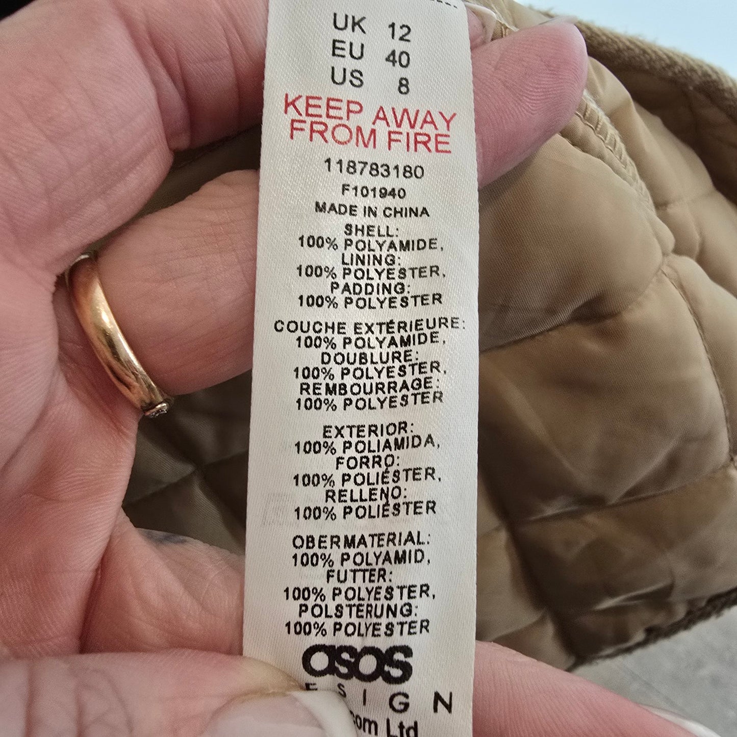 ASOS Design Longline Quilted Camel Jacket Size 8