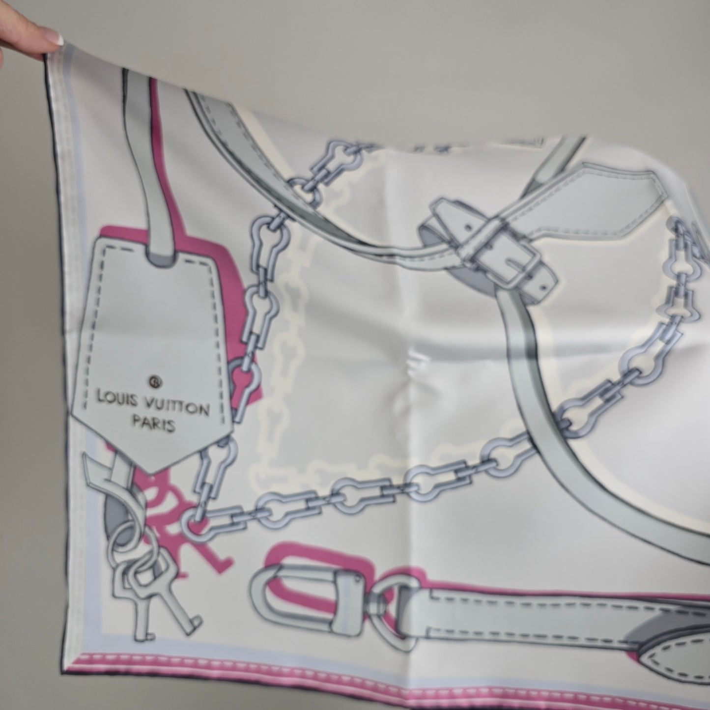 Louis Vuitton Grey & Pink Chain & Purse Handle Print Silk Scarf
