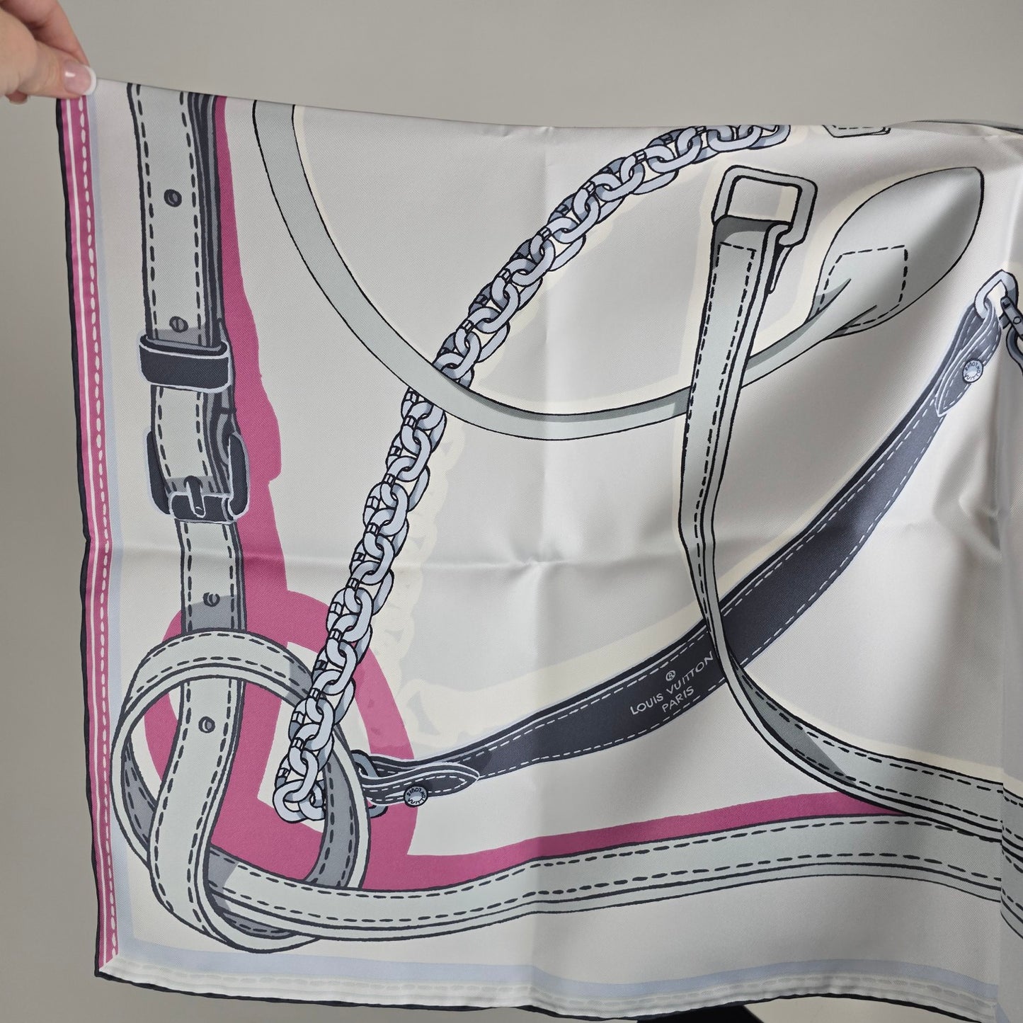 Louis Vuitton Grey & Pink Chain & Purse Handle Print Silk Scarf