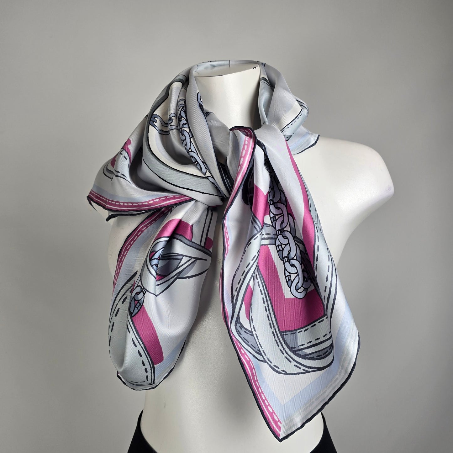 Louis Vuitton Grey & Pink Chain & Purse Handle Print Silk Scarf