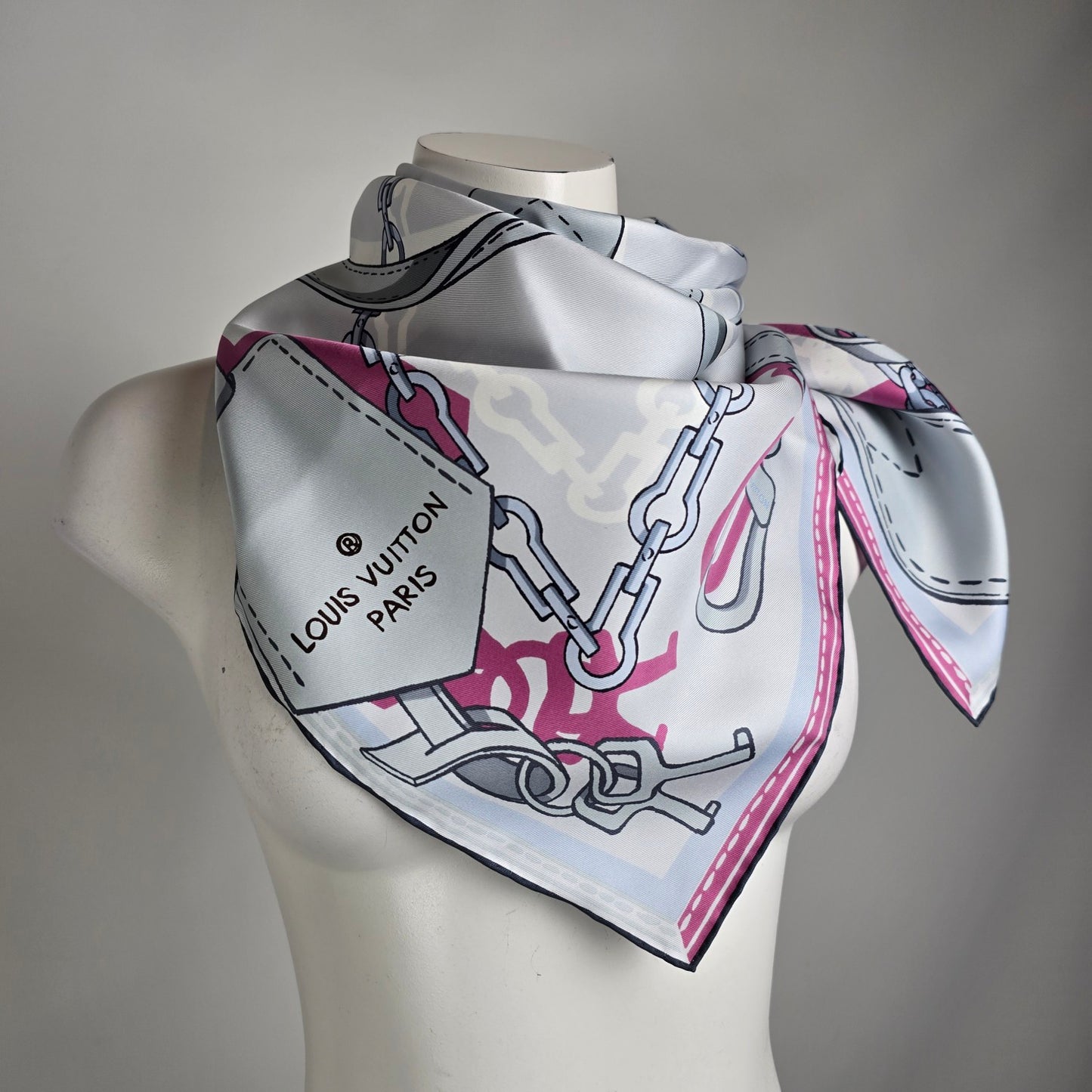 Louis Vuitton Grey & Pink Chain & Purse Handle Print Silk Scarf