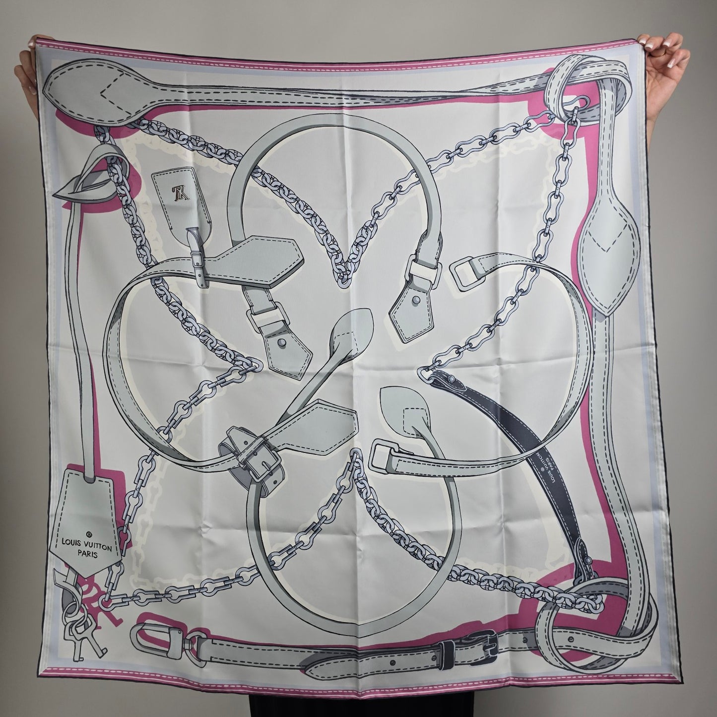 Louis Vuitton Grey & Pink Chain & Purse Handle Print Silk Scarf