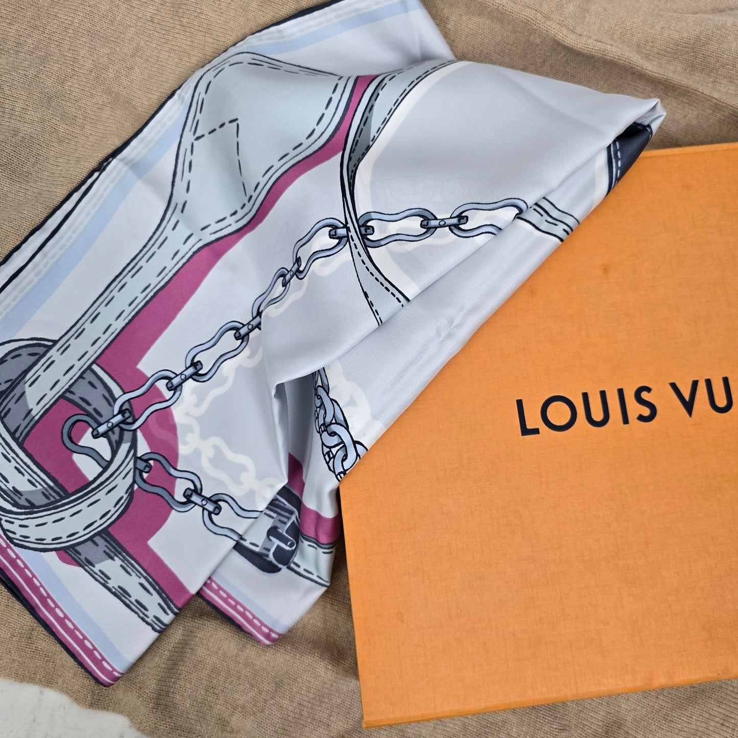 Louis Vuitton Grey & Pink Chain & Purse Handle Print Silk Scarf
