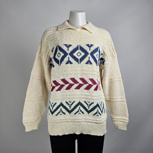 Vintage Cream Aztec Knit Collared Sweater Size M
