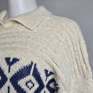 Vintage Cream Aztec Knit Collared Sweater Size M