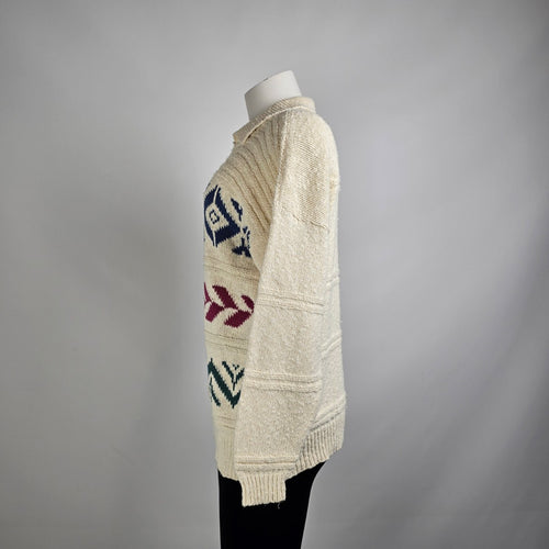 Vintage Cream Aztec Knit Collared Sweater Size M