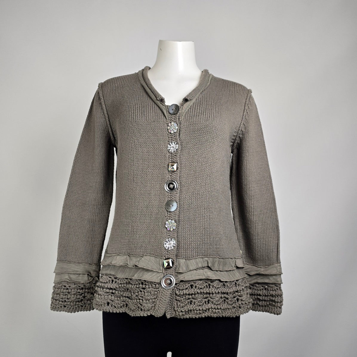 Pure Handknit Brown Knit Ruffle Button Up Cardigan Size M/L