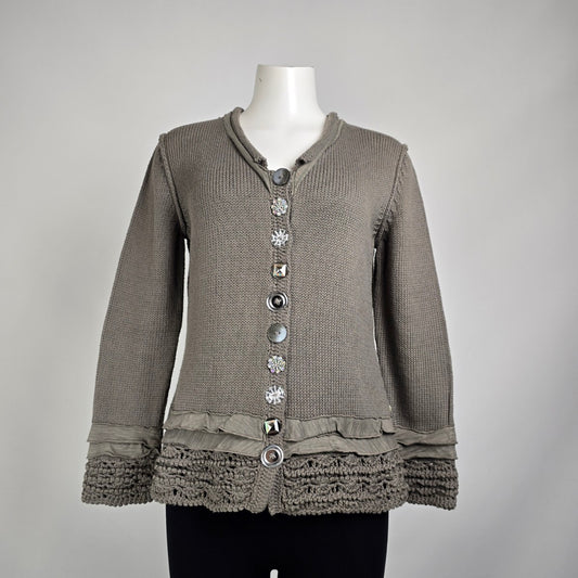 Pure Handknit Brown Knit Ruffle Button Up Cardigan Size M/L