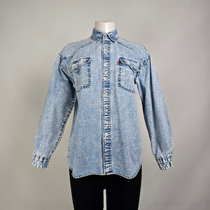 Vintage 60s Levis Acid Wash Blue Denim Pearl Snap Shirt Size M/L