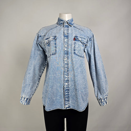 Vintage 60s Levis Acid Wash Blue Denim Pearl Snap Shirt Size M/L