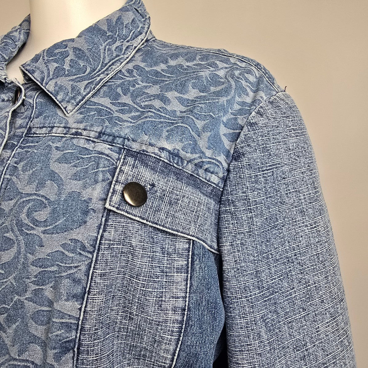 Simon Chang Patchwork Denim Button Up Shirt Jacket Size 16