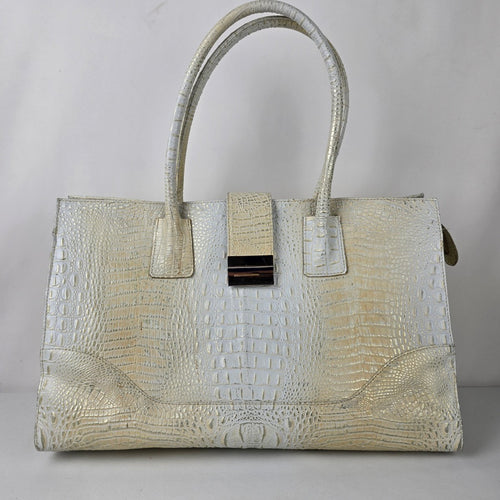 Vintage Claudia Ramos Cream Croc Print Leather Briefcase Purse