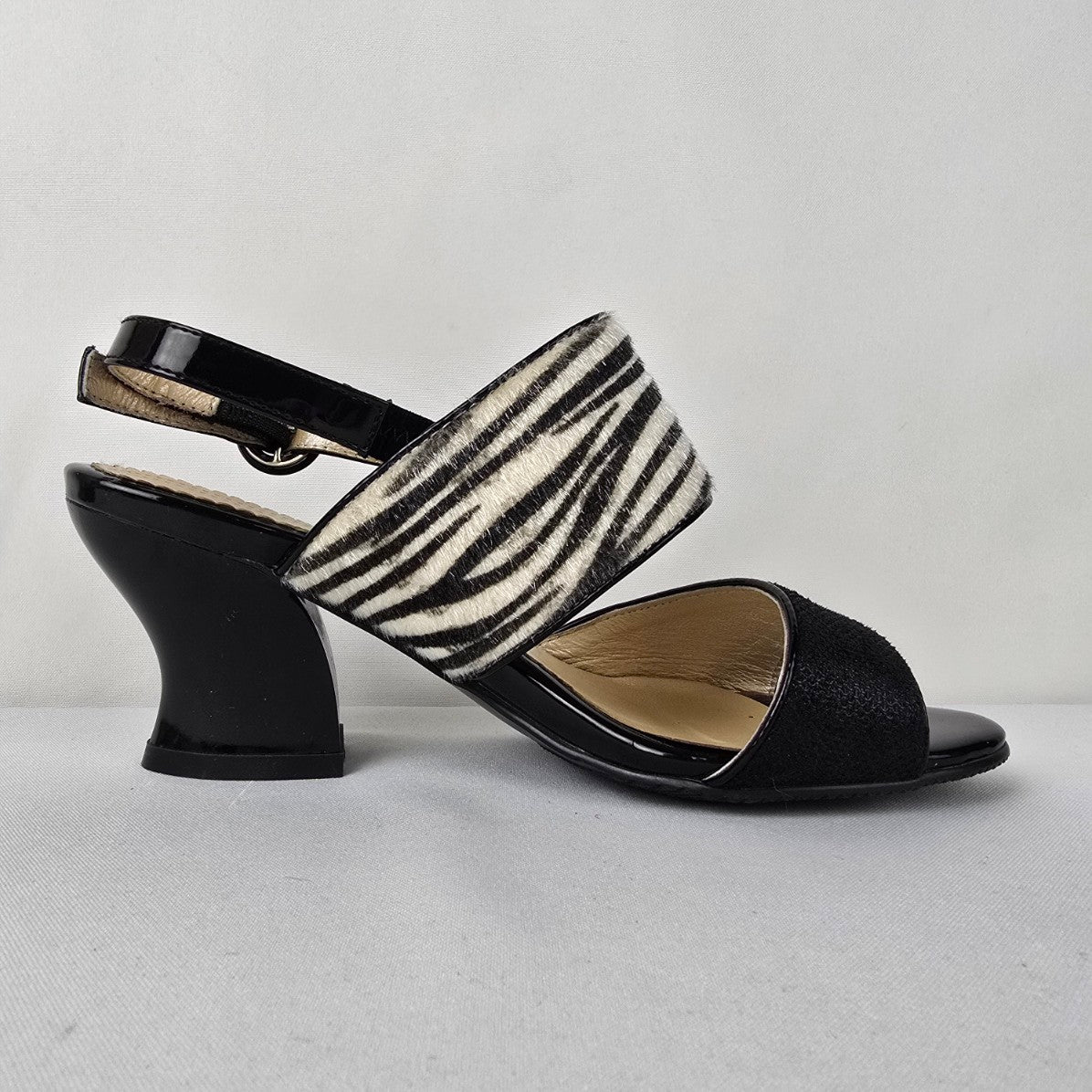 Luv Shoes Black Zebra Print Leather Sling Back Sandals Size 8