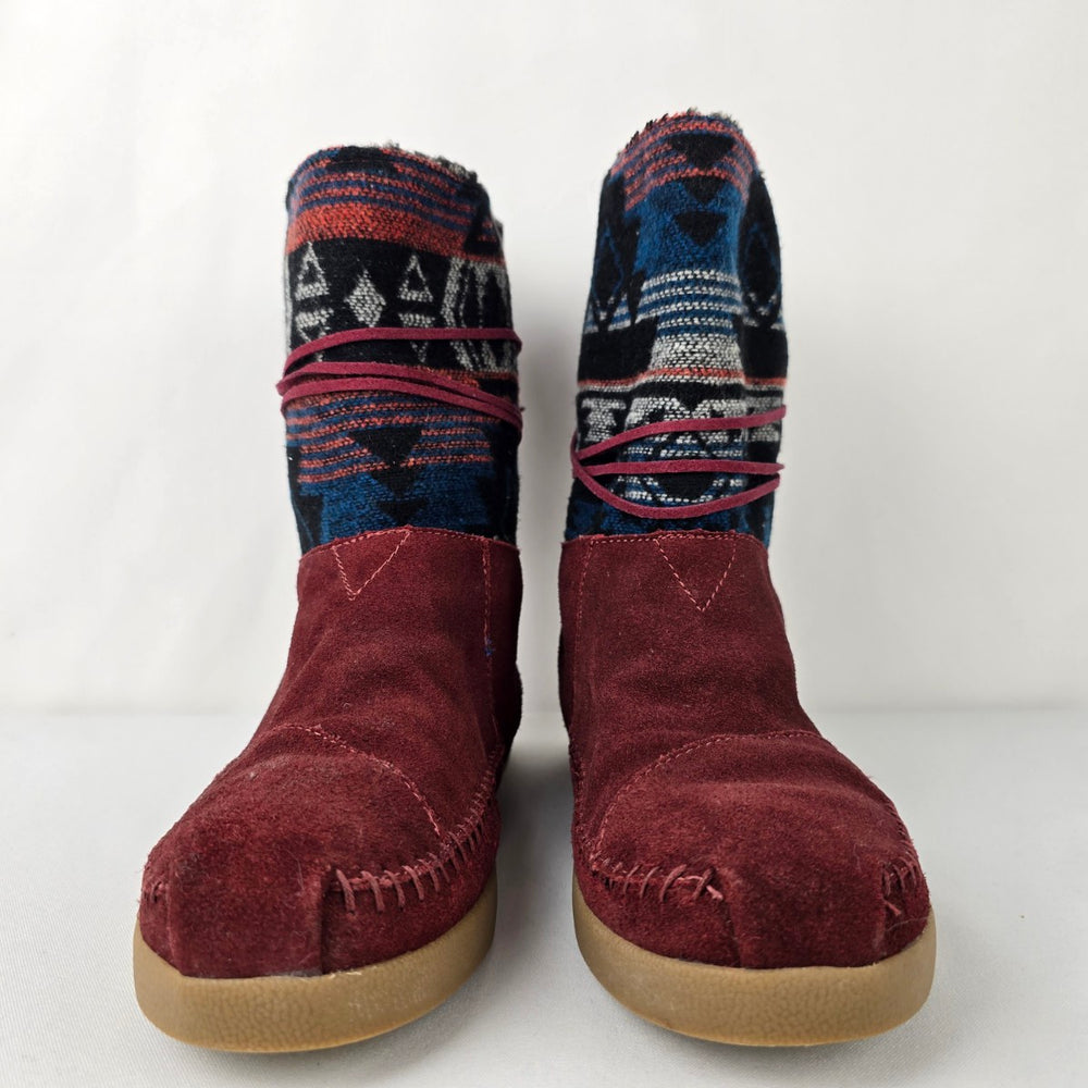 TOMS Nepal Burgundy Suede Aztec Print mid-calf Boots Size 8.5